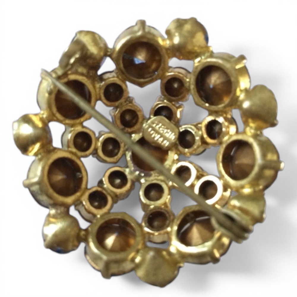 Vintage Gold-tone Signed Czechoslovakia Blue Rhinestone Brooch • Prong‑Set - Picture 7 of 13